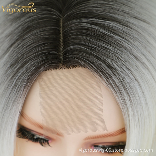 Lace Frontal Wholesale Cheap Women Wig Heat Resistant Fiber Short Wavy Root Black Ombre Gold Color Bob Synthetic Hair wigs
